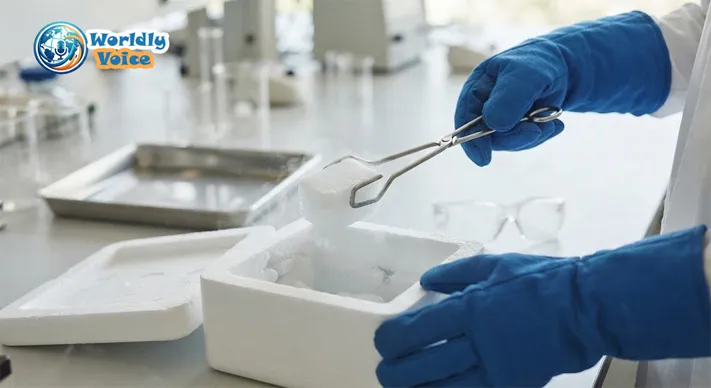 Person using insulated gloves and tongs to handle dry ice safely