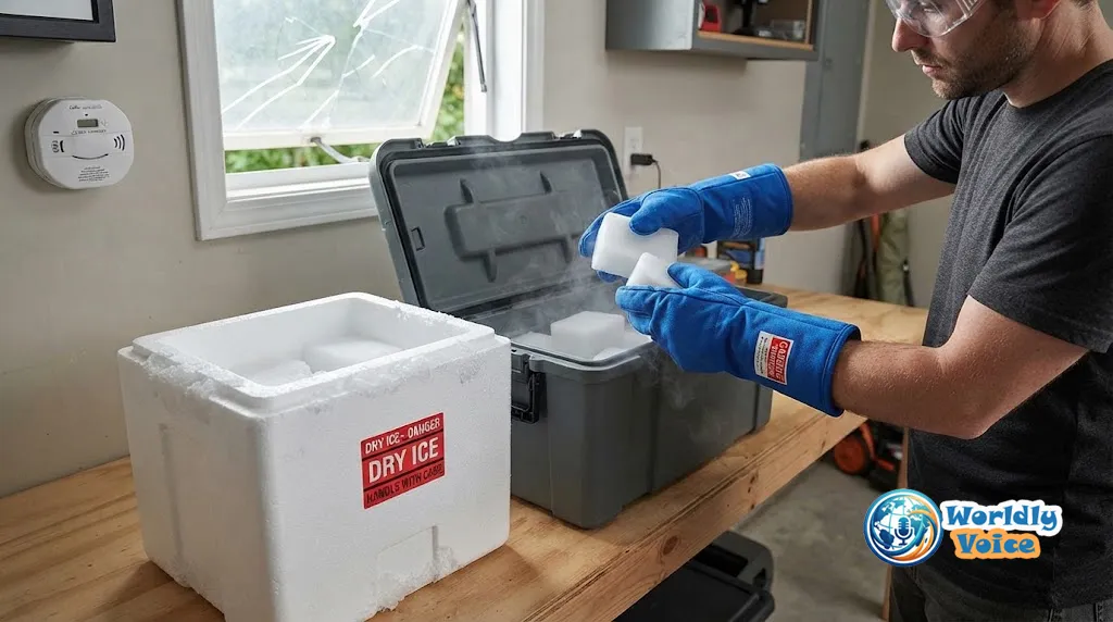 How to Store Dry Ice Safely: Container Tips, Ventilation, and Handling Guide Dry ice stored safely in an insulated cooler with protective gloves and tongs