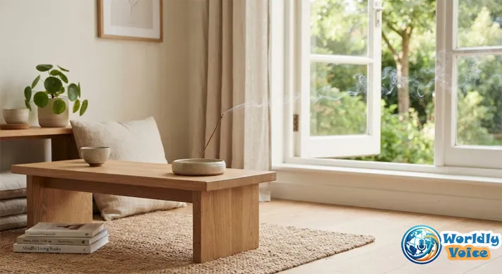 Incense burning near an open window with smoke moving outdoors for ventilation
