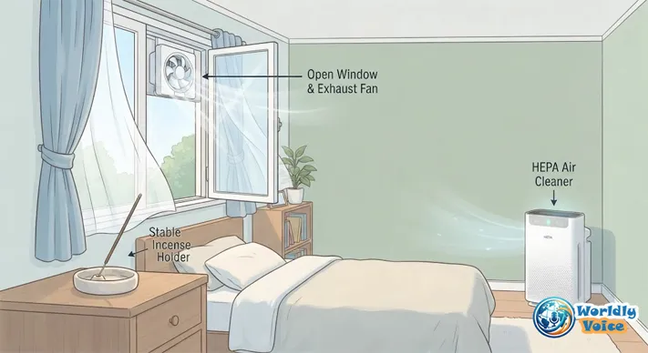 Bedroom incense safety setup with open window HEPA air purifier and safe incense holder