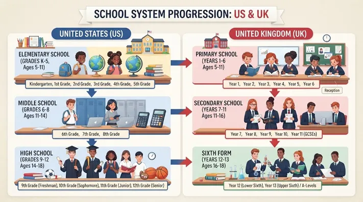 Comparison of U.S. and UK school stages from elementary and primary school through secondary and high school