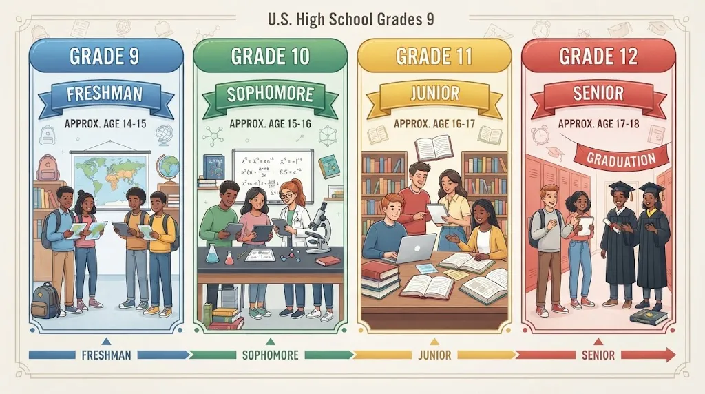 U.S. high school grade levels from Grade 9 freshman through Grade 12 senior with typical ages