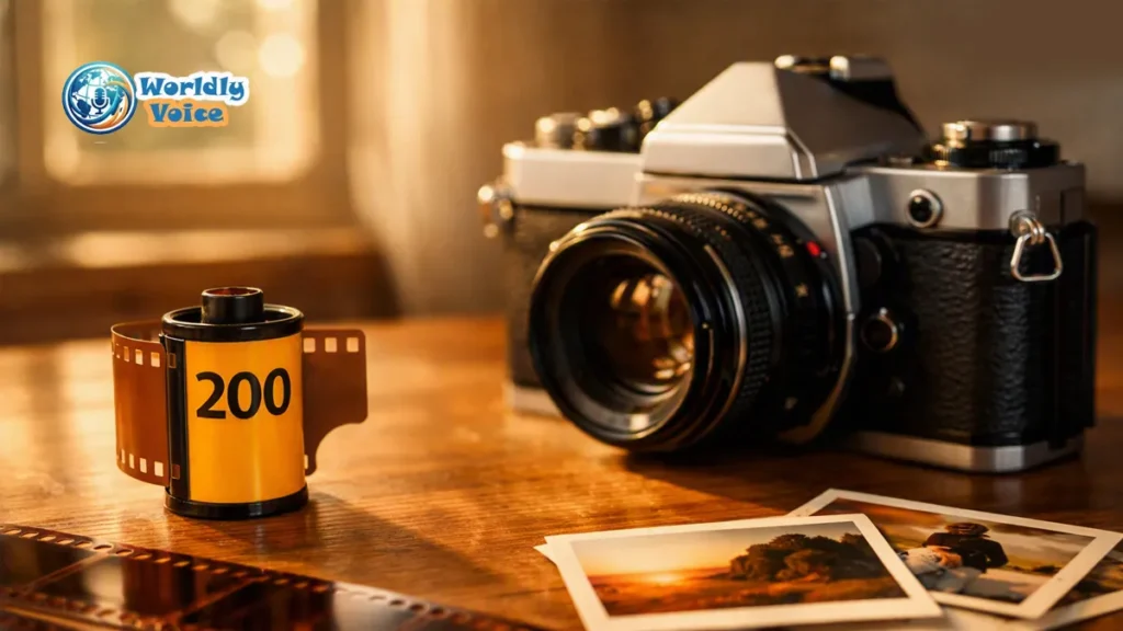 Kodak Gold 200 Review: Features, Grain Quality & Complete 2026 Guide Kodak Gold 200 35mm film roll beside a vintage film camera with negatives and warm nostalgic photo prints