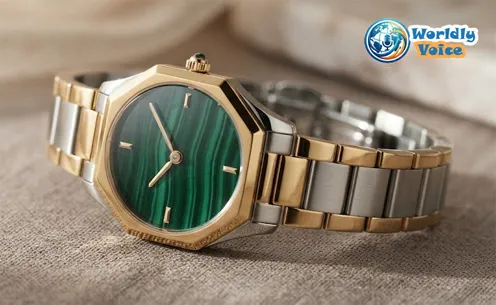 Lola Rose-style women's watch with a natural green malachite dial and faceted golden case