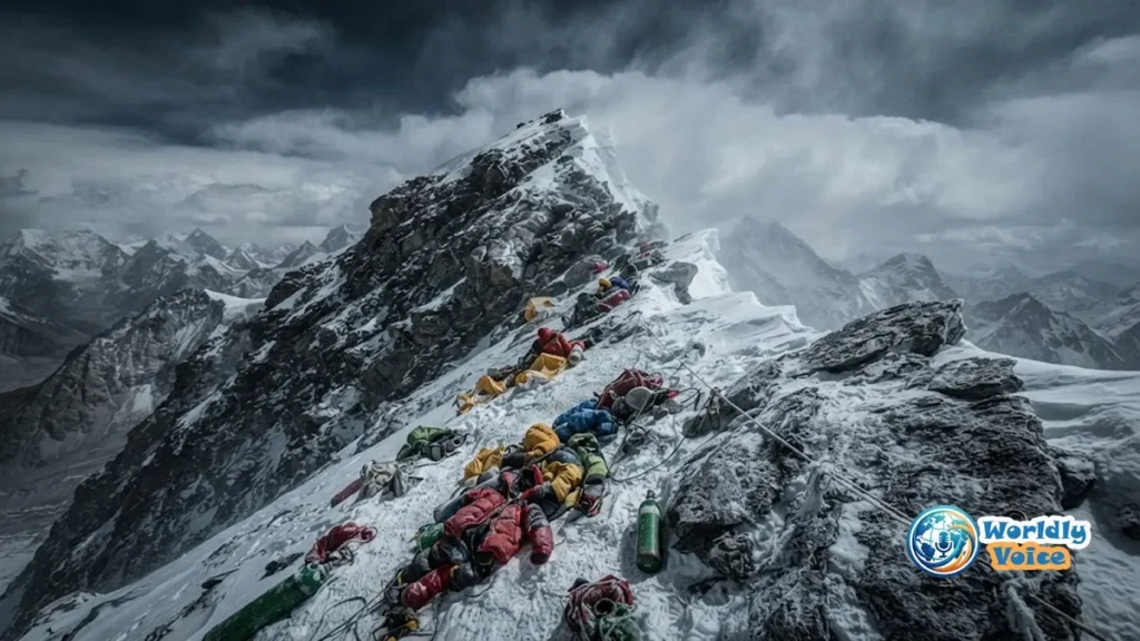 Rainbow Valley Everest in the Death Zone with colorful climbing gear scattered on snowy slopes