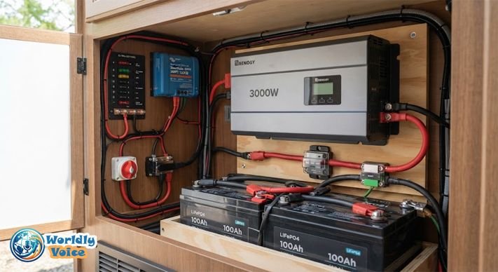 3000W pure sine wave inverter connected to a 12V battery bank in an RV