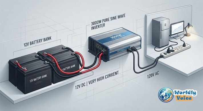 Diagram showing high battery current requirements for a 12V 3000W inverter