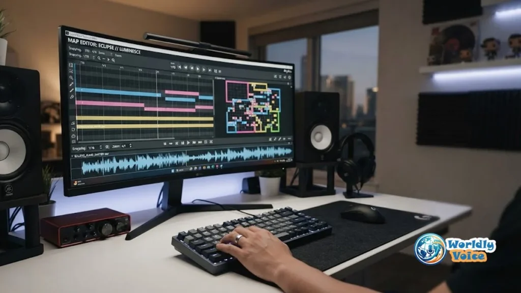 Rhythia Map Maker Guide: How to Create and Install Custom Maps Easily Rhythm game map editor workspace showing a custom song chart being created for Rhythia on a desktop monitor