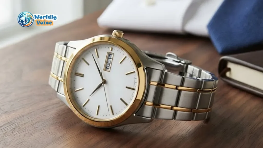 Seiko Men’s SNE032 Solar Two-Tone Watch Review: Features, Performance & Buying Guide Seiko men's SNE032 solar two-tone stainless steel watch on a desk with dress shirt and navy tie