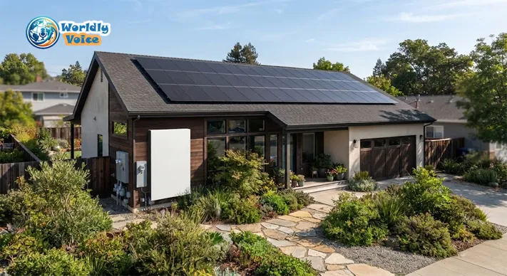 Residential rooftop solar panels connected to a home battery storage system