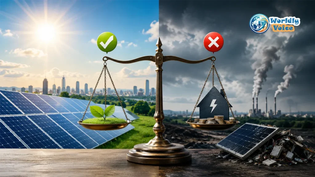 Solar panels and a balance scale representing the advantages and disadvantages of solar energy