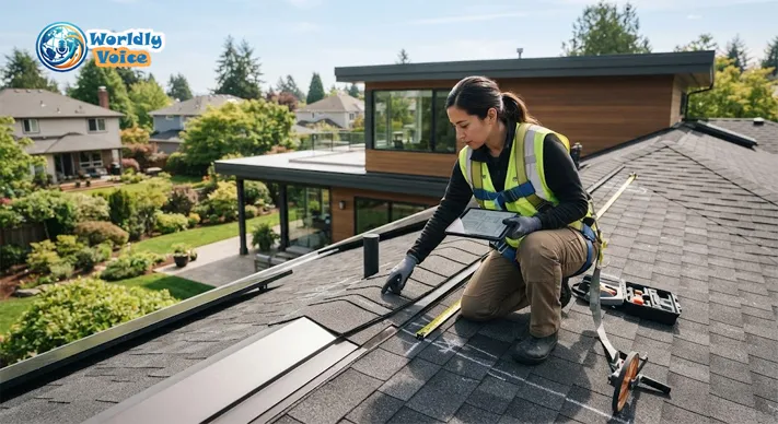 Solar technician assessing a residential roof for photovoltaic panel installation
