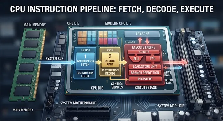 Illustration showing the CPU fetch, decode and execute instruction cycle