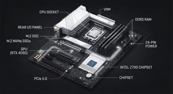 Desktop motherboard showing the CPU, RAM, storage and graphics card working together