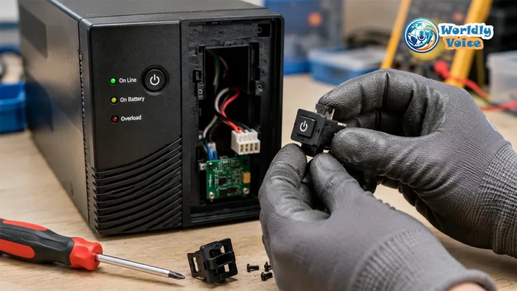 How to Replace a UPS Power Button: Battery Backup Switch Repair Guide Gloved hands replacing a power button switch on an opened UPS battery backup unit with visible wiring and circuit board.