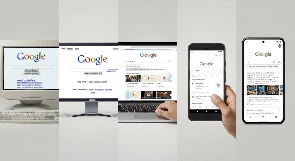 Visual timeline showing the evolution of Google Search from its early webpage results to modern AI and multimodal search (how old is google AI Image)