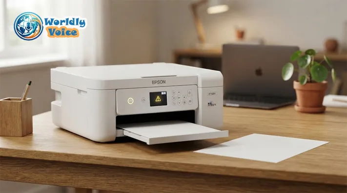 White Epson EcoTank ET-2800 printer on a home-office desk with a sheet of paper beside it and a warning icon glowing on its small screen