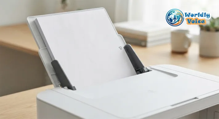 Stack of white paper centered in the rear feeder of an inkjet printer with both edge guides resting lightly against the sheets