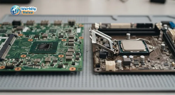 Two laptop motherboards side by side, one with a flat soldered processor and one with a processor seated in a latched socket