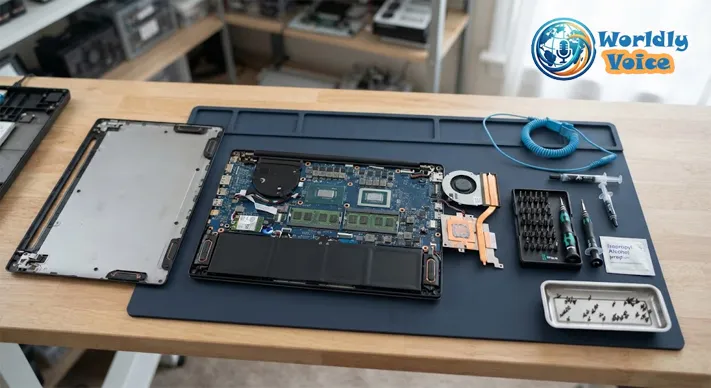 Opened laptop with the heatsink assembly lifted aside, surrounded by screwdrivers, an anti-static strap and thermal paste