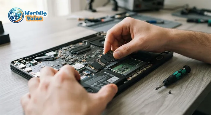 Opened laptop with the heatsink assembly lifted aside, surrounded by screwdrivers, an anti-static strap and thermal paste